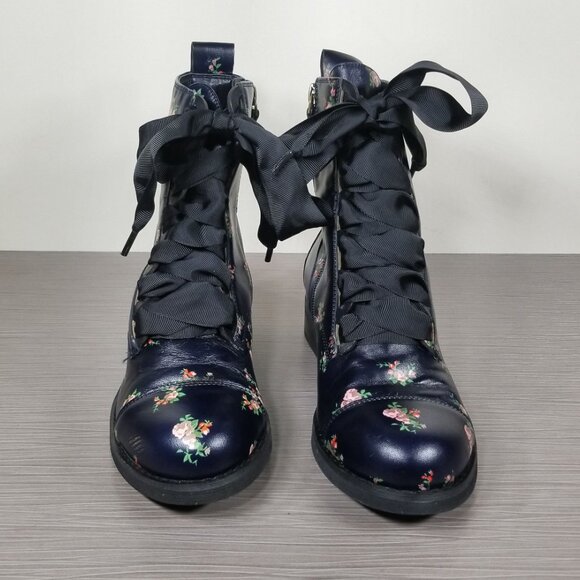 BP Floral Combat Boots with Ribbon Laces, Navy, Womens Size 6.5 - Picture 2 of 13